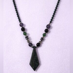 Black & Green & Purple Beaded Boho Necklace with Black Pendant